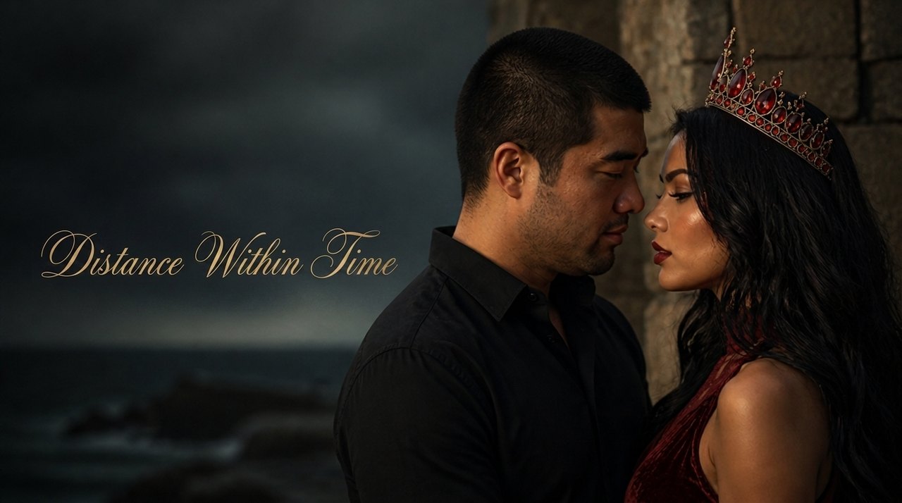 Distance Within Time (Reimagined), Reina and Dante face to face against a stone wall under a stormy sky