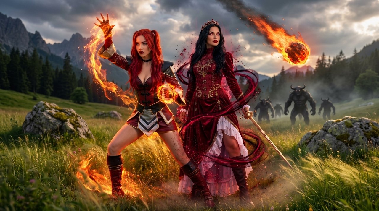Mark of the Flame, two sorceresses wielding fire and blood magic against monsters