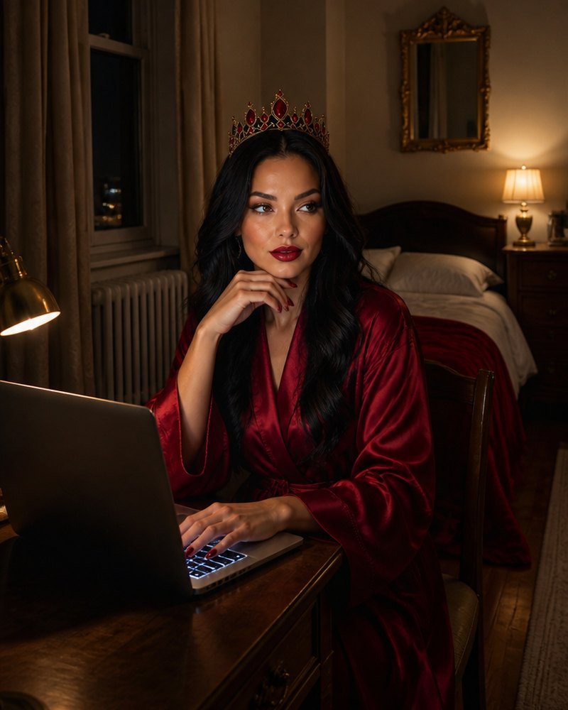 Reina Acevedo in a red silk robe and crown, writing at her desk by lamplight