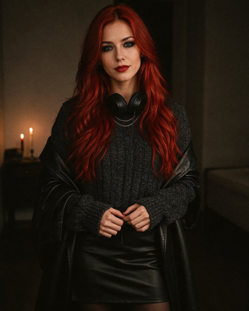Shara Rayne with long red hair, headphones around her neck, in a black knit sweater and leather coat